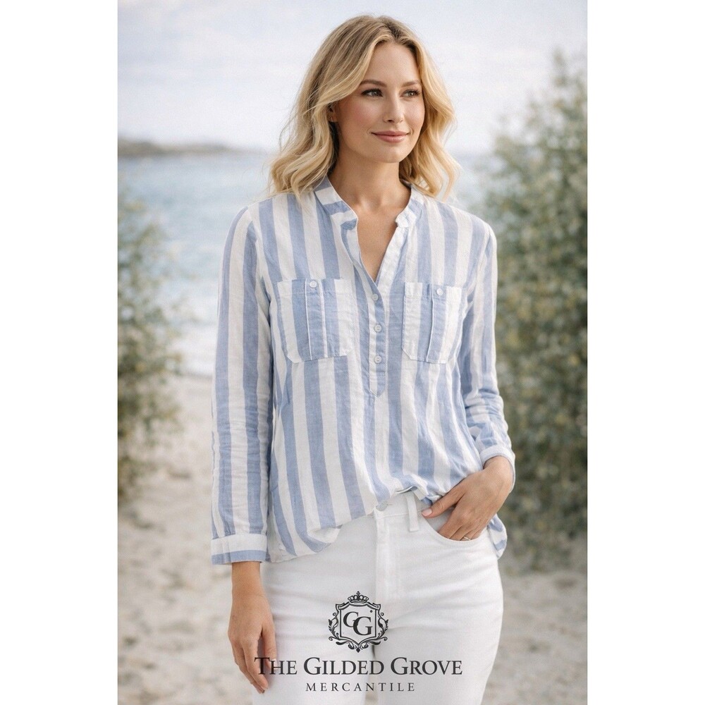 Eden & Olivia Striped Cotton Blouse Blue White Button Pockets S